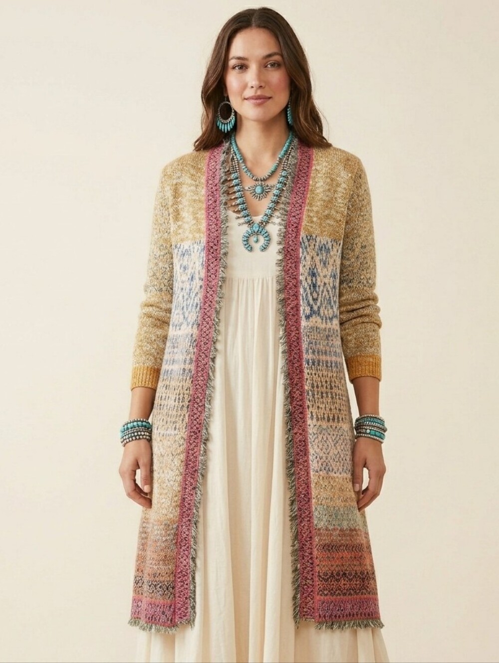 Free People Desert Drifter Duster Cardigan Small Patchwork Knit Fringe Boho